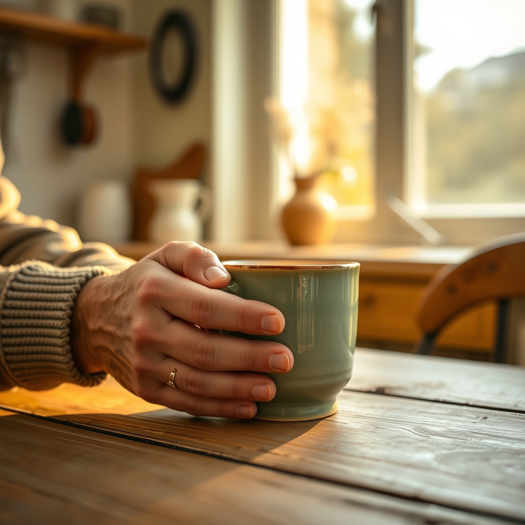 An older adult's hand cradling a warm sage-green mug at a wooden kitchen table in morning light